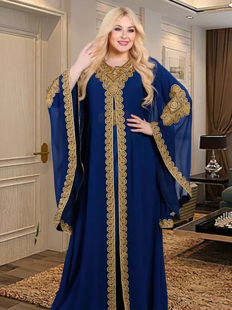 Women Abaya Party Dresses Muslim Caftan 2 Piece Set Eid Flare Sleeves Robe Embroidered Gold Lace Dress Suit Jalabiya Ramadan