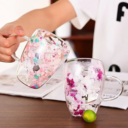 350ml Double Wall Espresso Coffee Cup Handle Flower Pattern Creative Transparent Hot Iced Beverage Beer Whisky Wine Glass Mug