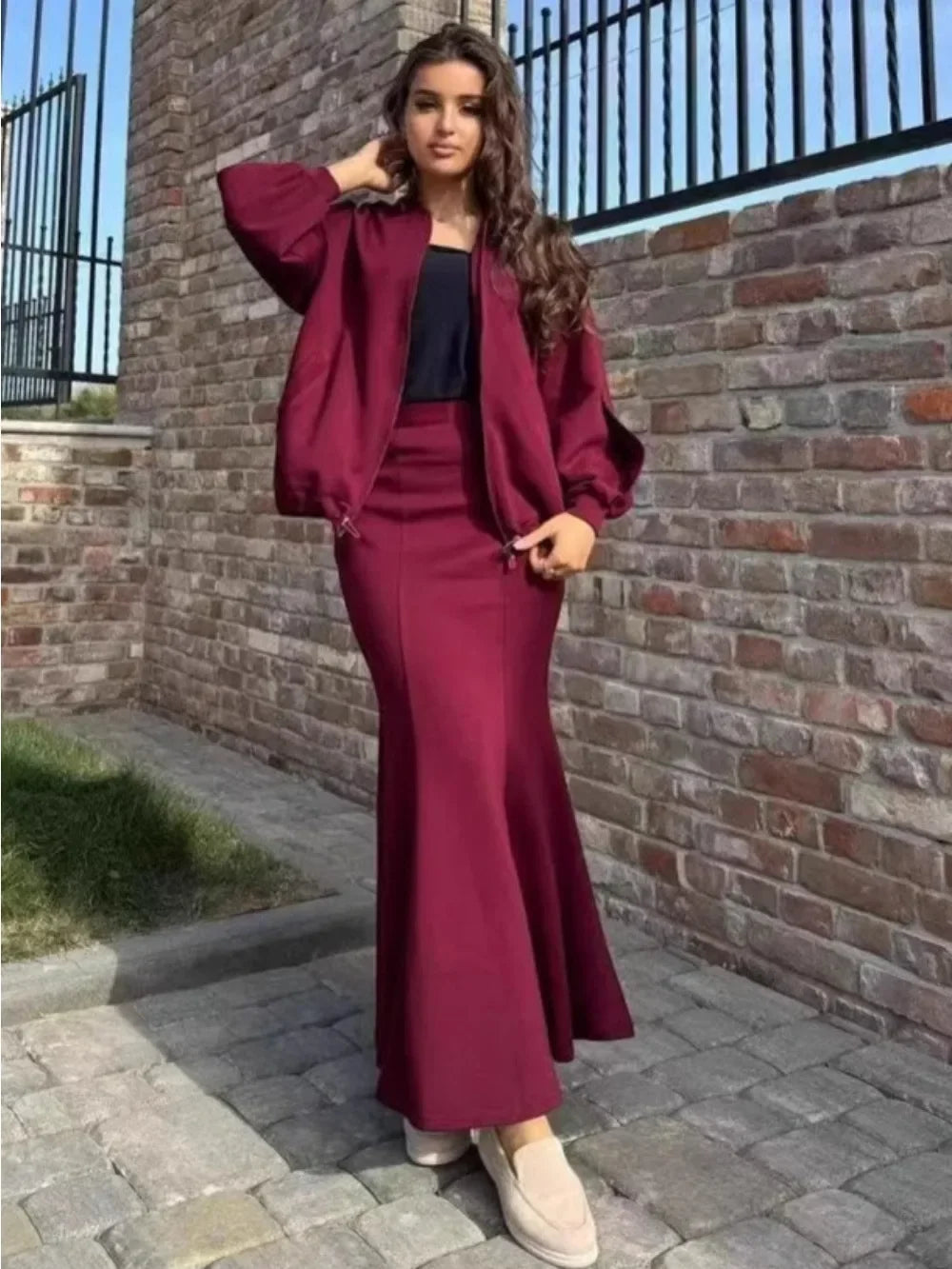 Women 2 Piece Set Coat Long Skirt Suit Zipper Jacket Morocco Dubai Islam Casual Ensemble Muslim Femme 2025 Skirts Outfits