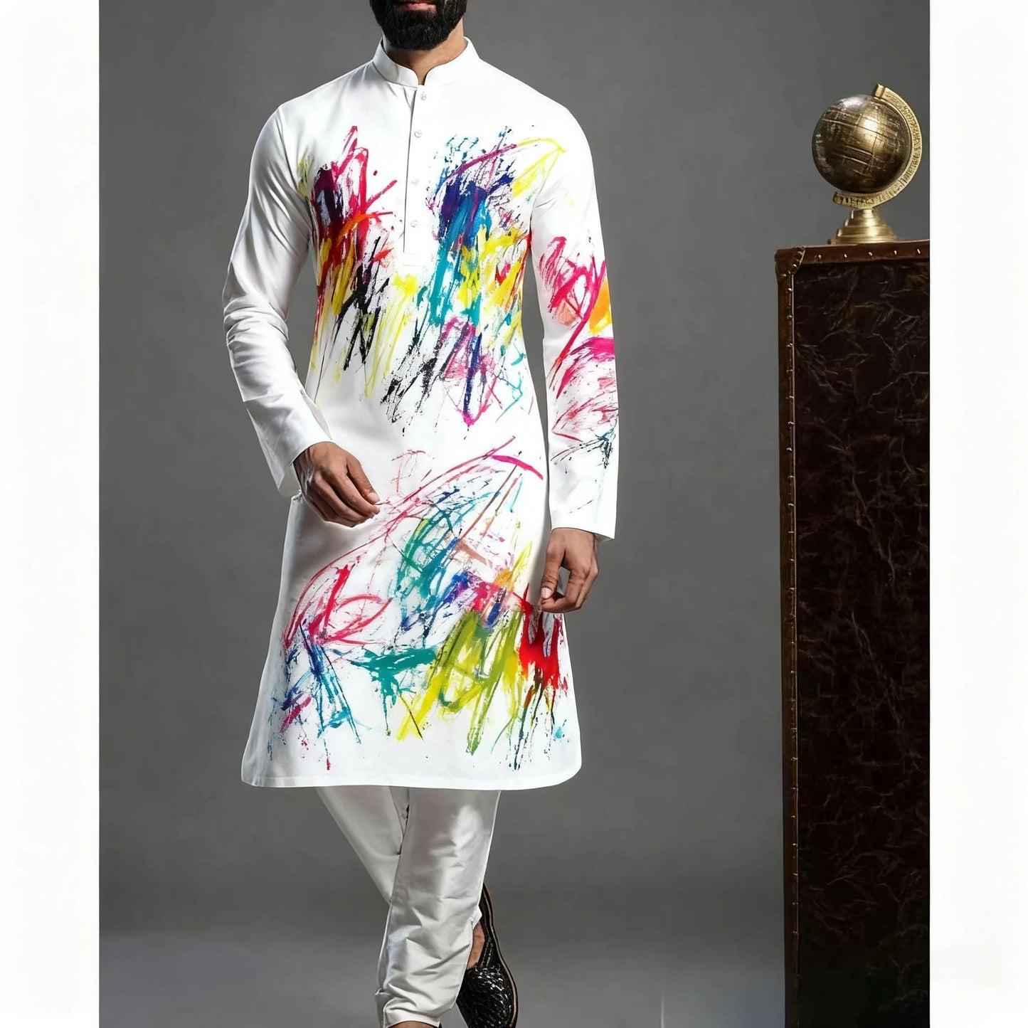 Men Islamic Arabian Patchwork Striped Embroidery Eid Muslim Long Robe Jubba Casual Loose  Muslim Dress Men Abayas