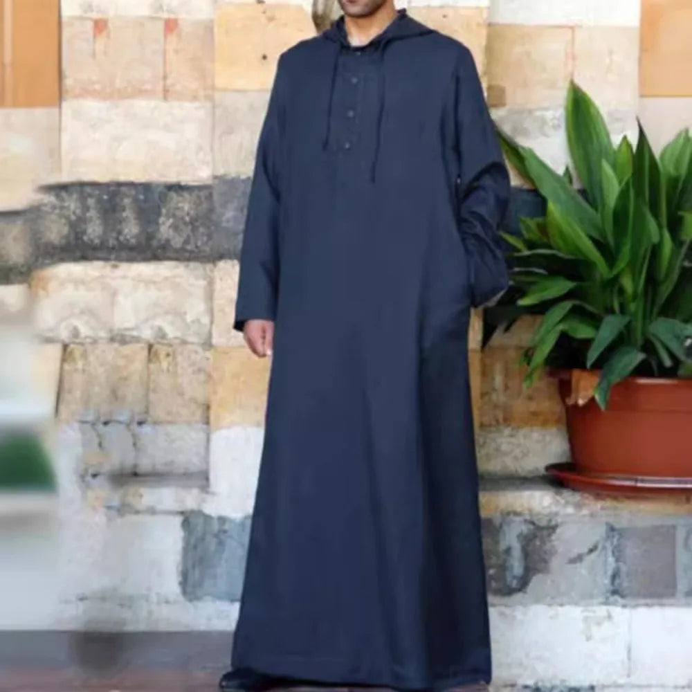 2026 Arabic Style Hooded Long Shirt Mens Muslim Robe Thobe Traditional Islamic Clothing