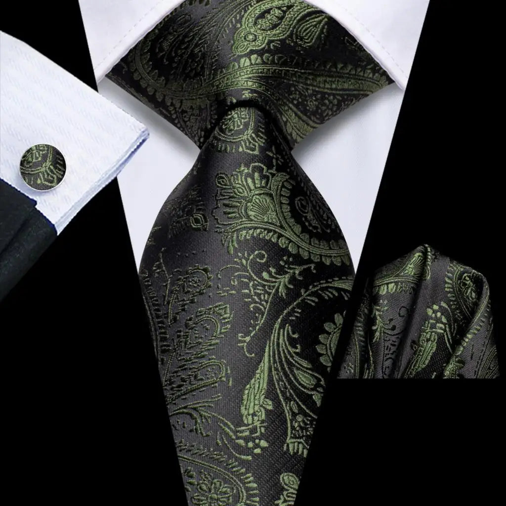 Hi-Tie Teal Green Floral Mens Fashion Necktie Handkerchief Cufflinks for Tuxedo Accessory Classic Silk Luxury Tie for Man Gift