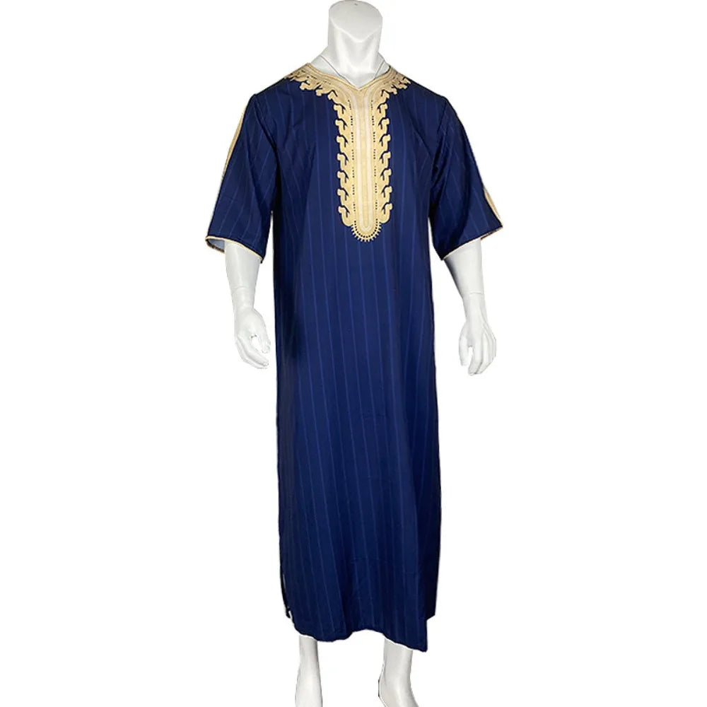 Men's Arabian Thobe - Summer V-Neck Short Sleeve Robe, Loose Fit Muslim Islamic Clothing for Casual Wear