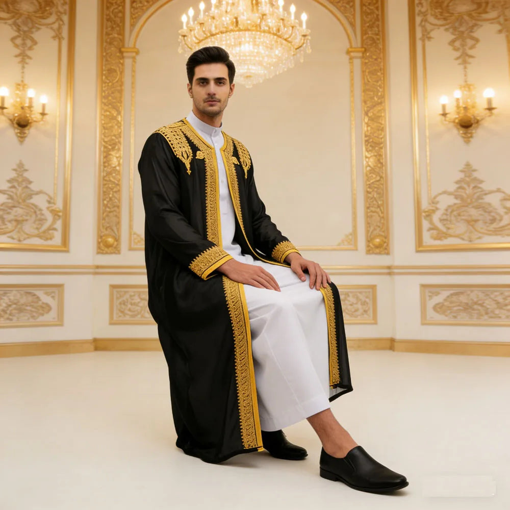 Middle Eastern Traditional Arabic Men's Robe Embroidered Thobe Thoub Dishdasha Jubba Eid Djellaba Open Kimono Abaya Saudi Robes
