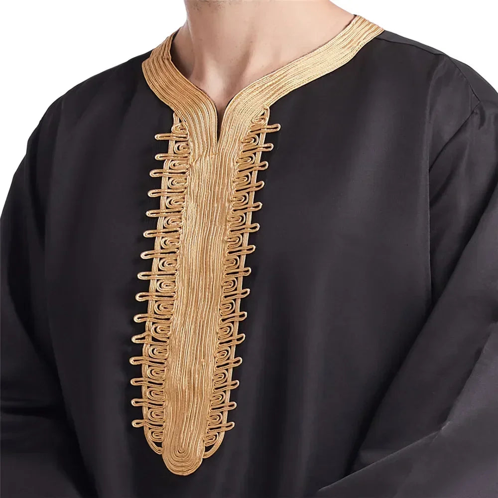 Muslim Men Jubba Thobe Solid Color Breathable Embroidery Long Robes Gown Islamic Arabic Kaftan Abaya Middle East Dubai Pakistani