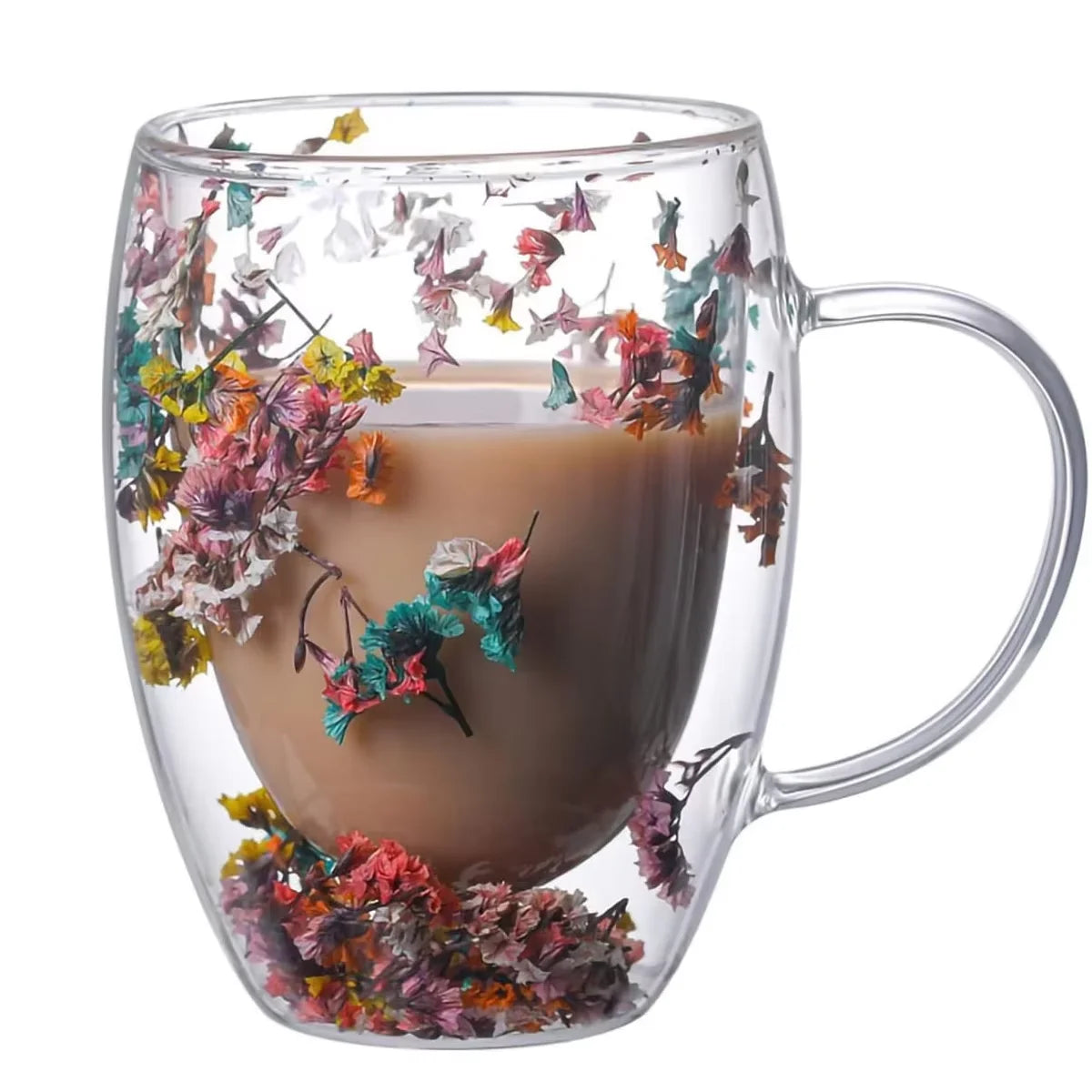 300ML Double-Wall Flower Glass Coffee Mug High Borosilicate Transparent Tea Milk Drinking Cup with Dry Flower Design for Gifts