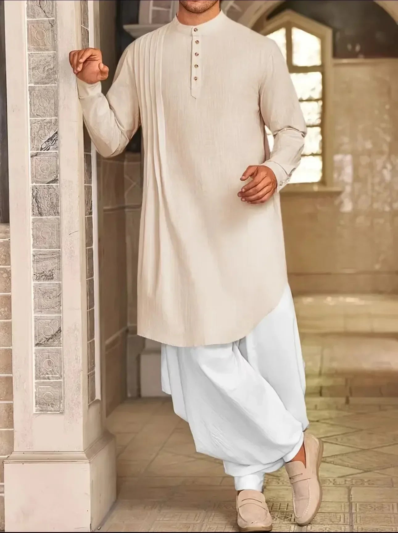 2025 New Muslim Middle East Arab Malaysia Men's Button Cotton Line Shirt Muslim Robe
