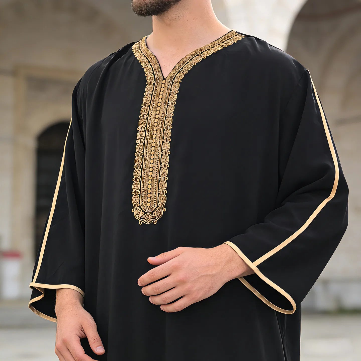 Ethnic Style Kandouras Thobe for Men Jabador Gandoura Side Pockets Embroidery Abaya Long Sleeve Muslim Kaftan Vintage White Robe