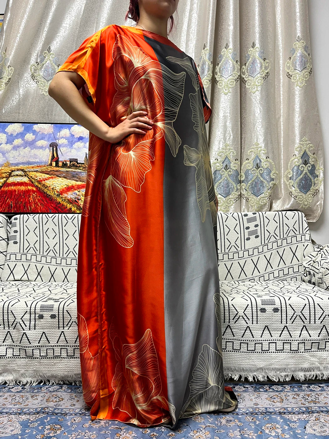 Abayas For Women 2023 Printed Silk Soft Loose Femme Robe Muslim Summer Fashion Clothing African Islam Woman Dresses With Turban