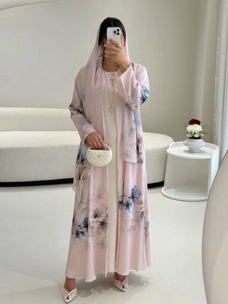 Muslim Women Arabic Dubai Abaya Chiffon Print Kimono Cardigan Long Dress With Hijab Modest Kaftan Robe Femme Islamic Clothing