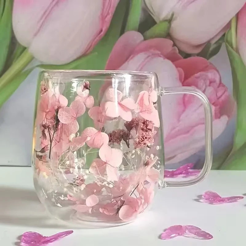 1pc Double-walled Glass Coffee Mug With A Real Flower Design Inside, Suitable For Coffee, Milk, And Other Beverages.