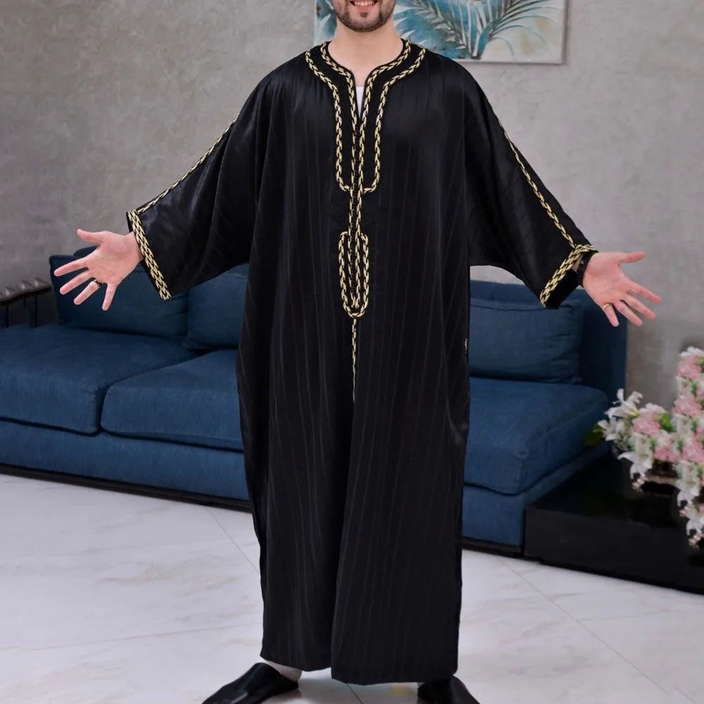 Men's Arabian Thobe - Summer V-Neck Short Sleeve Robe, Loose Fit Muslim Islamic Clothing for Casual Wear