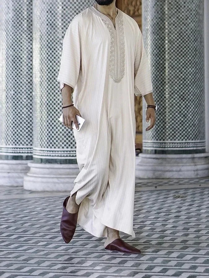 2025 Abaya Men Ramadan Cream Zina Islam Robe Kameez Galabia Spring New Ethnic Style Loose Casual Embroidered White Muslim Robe