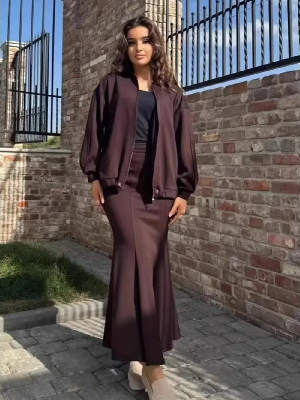 Women 2 Piece Set Coat Long Skirt Suit Zipper Jacket Morocco Dubai Islam Casual Ensemble Muslim Femme 2025 Skirts Outfits