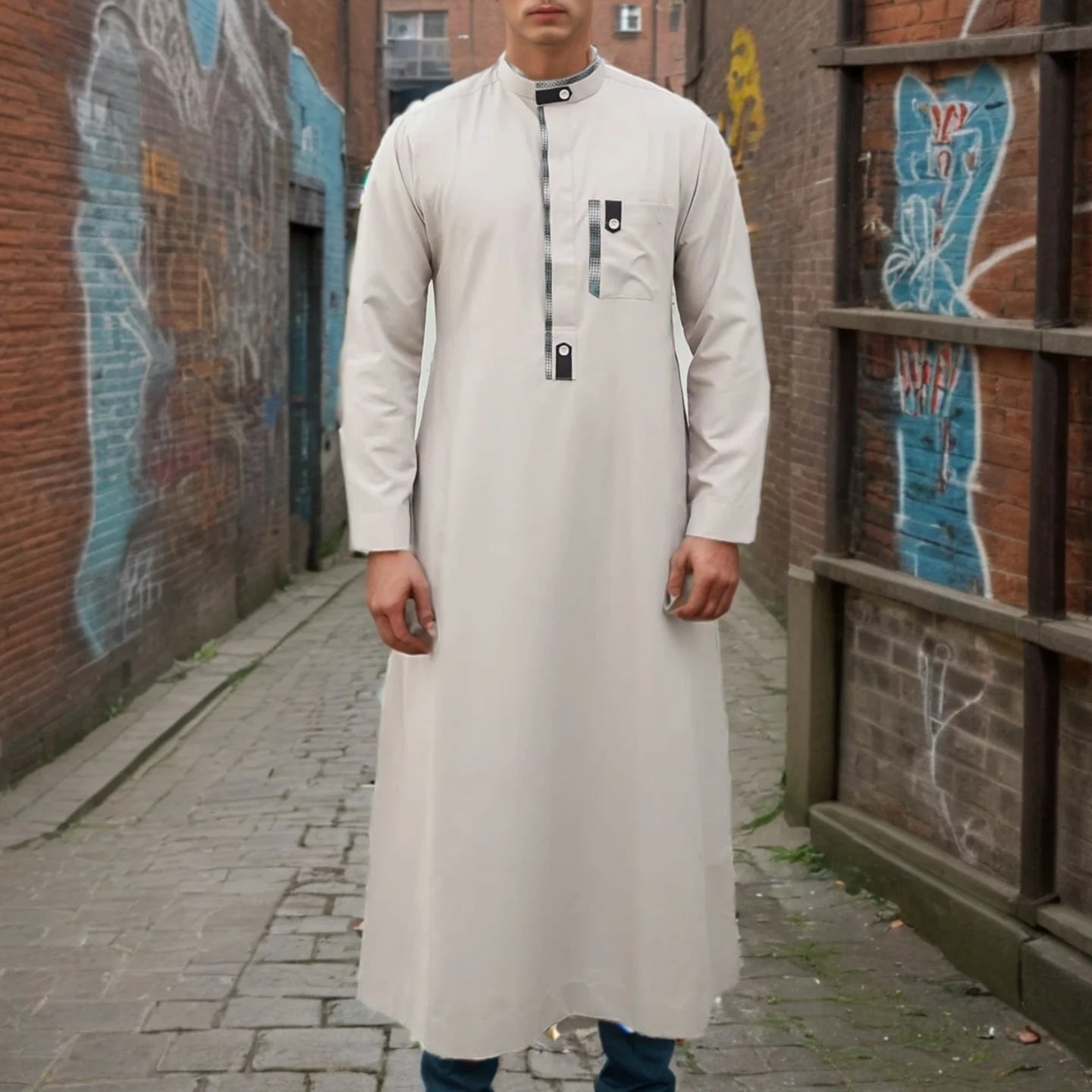 New Muslim Men's Robe Light Grey Elegant Retro Middle Eastern Ethnic Style Printed Button Men's Robe Simple Loose Casual Robe