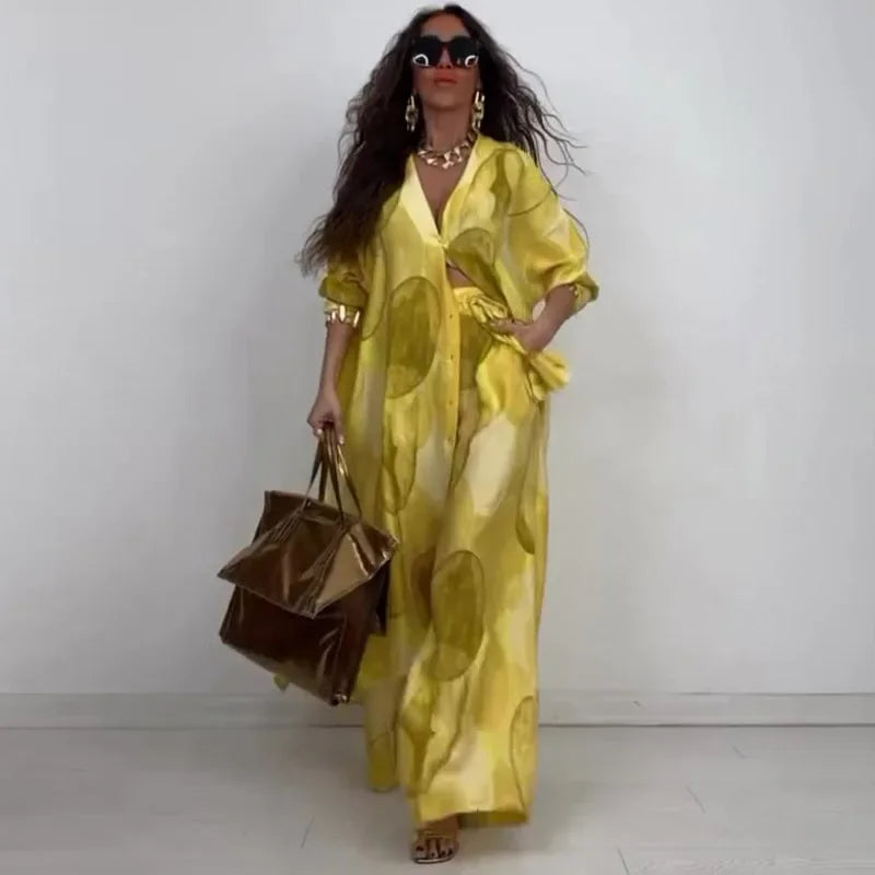 Eid Muslim Suits Women Print Blouses Wide Leg Pants Set Two Piece Musulman Ensemble Dubai Arabic Morocco Islam Casual Ramadan