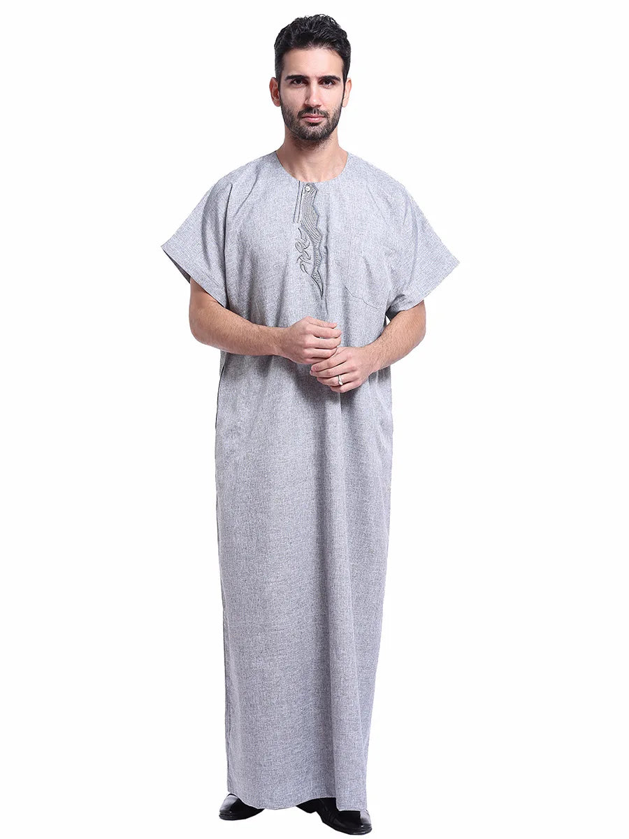 Muslim Kaftan for Men Round Collar Blue White Spring Elegant Robe Arab Vintage Long Sleeves Thobe Robe Turkey Embroidered