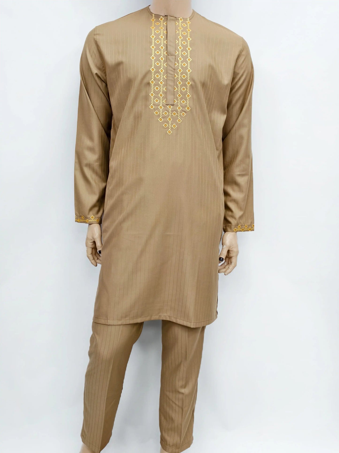 African Muslim Islamic Men's Modern Fashion Prayer Eid Robe Long Sleeve Round Neck Embroidered Arabian Jubba Thobe Clothing