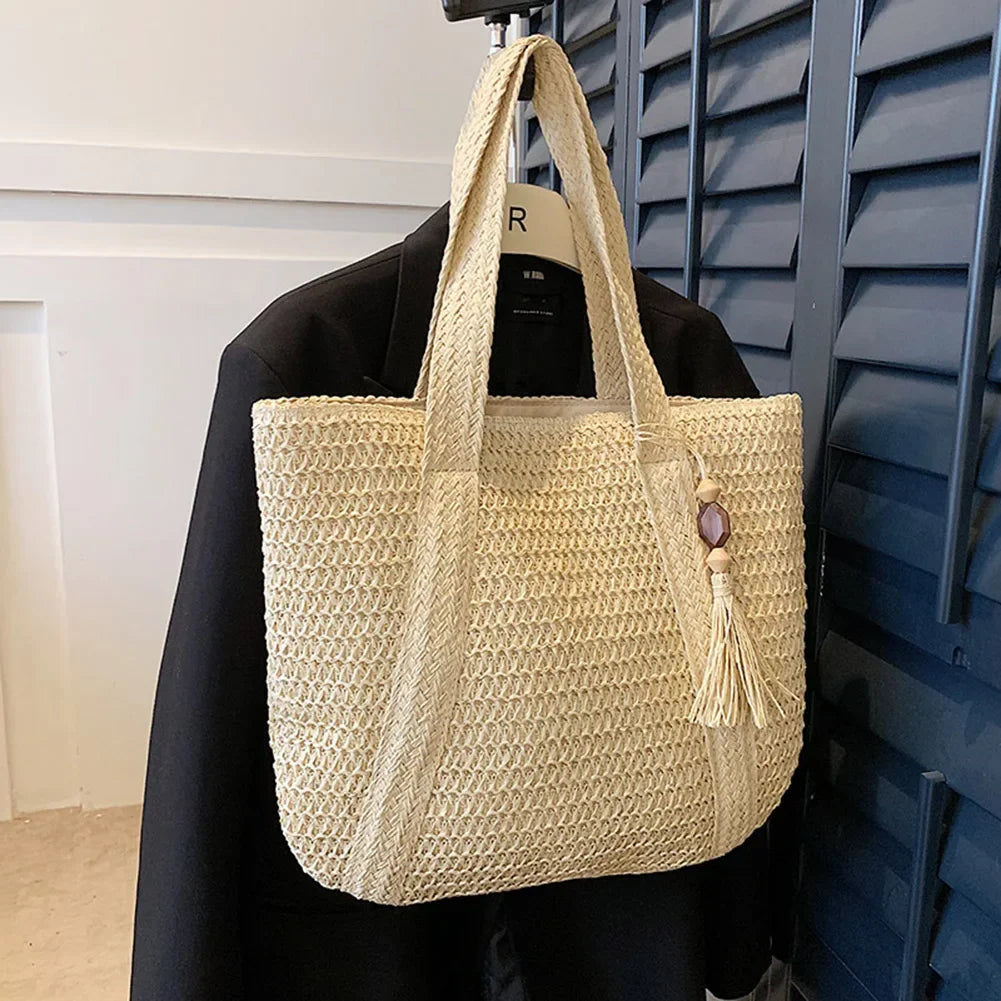 Straw Bag for Women Handmade Woven Shoulder Bag Large Capacity Tote Bags with Pendant Armpit Bag Top-handle Handbag Purse