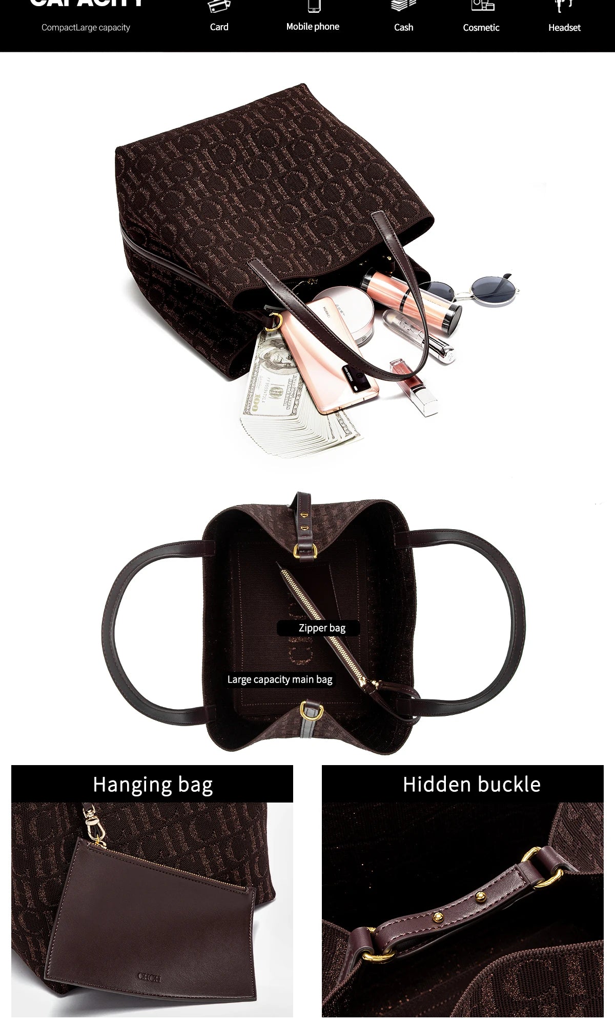 Accessories Handbag Fashion New Solid Color Women's Bucket Bag Large Capacity Letter Design Small Card Bag