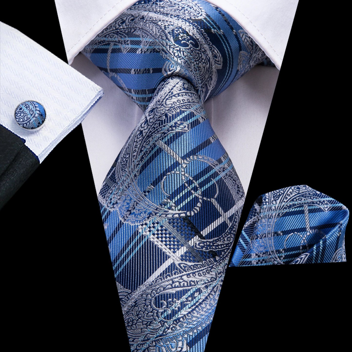 Hi-Tie Fashion 8.5cm Black Plaid Dots Men's Elegant Tie Handkerchief Cufflinks Set Wedding Party Accessories Gift for Men Gravat