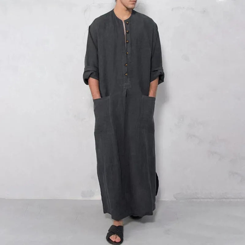 Jubba Thobe Islamic Arabic Kaftan Men Linen Cotton Solid Short Sleeve Hooded Robes Dubai Middle East Muslim Clothes Abaya Homme