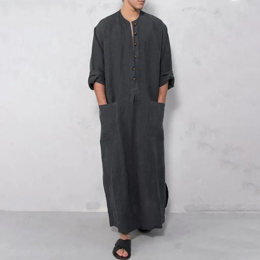 Jubba Thobe Islamic Arabic Kaftan Men Linen Cotton Solid Short Sleeve Hooded Robes Dubai Middle East Muslim Clothes Abaya Homme