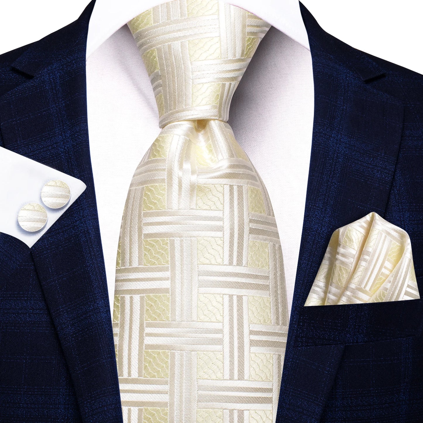 Hi-Tie Fashion 8.5cm Black Plaid Dots Men's Elegant Tie Handkerchief Cufflinks Set Wedding Party Accessories Gift for Men Gravat