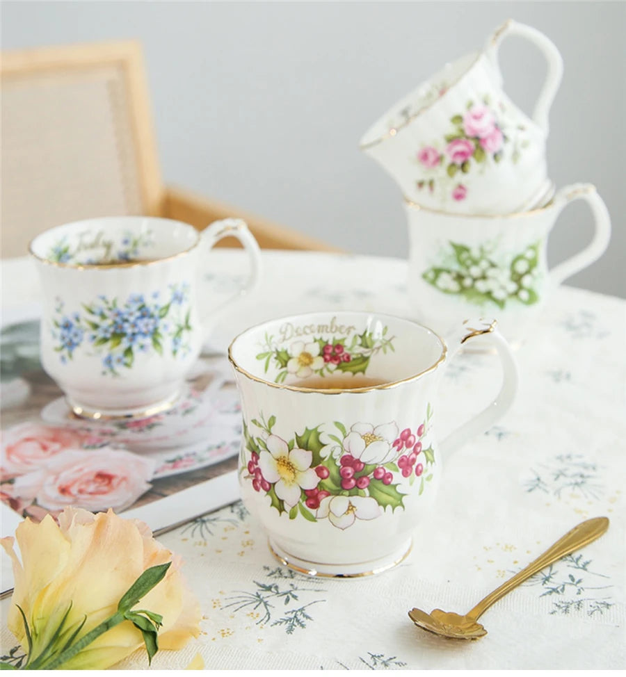 Retro Coffee Mug Ceramic Exquisite Seasonal Flower Printed Couple Cup Bone China Creative Gift Home Drinkware Breakfast Milk Mug