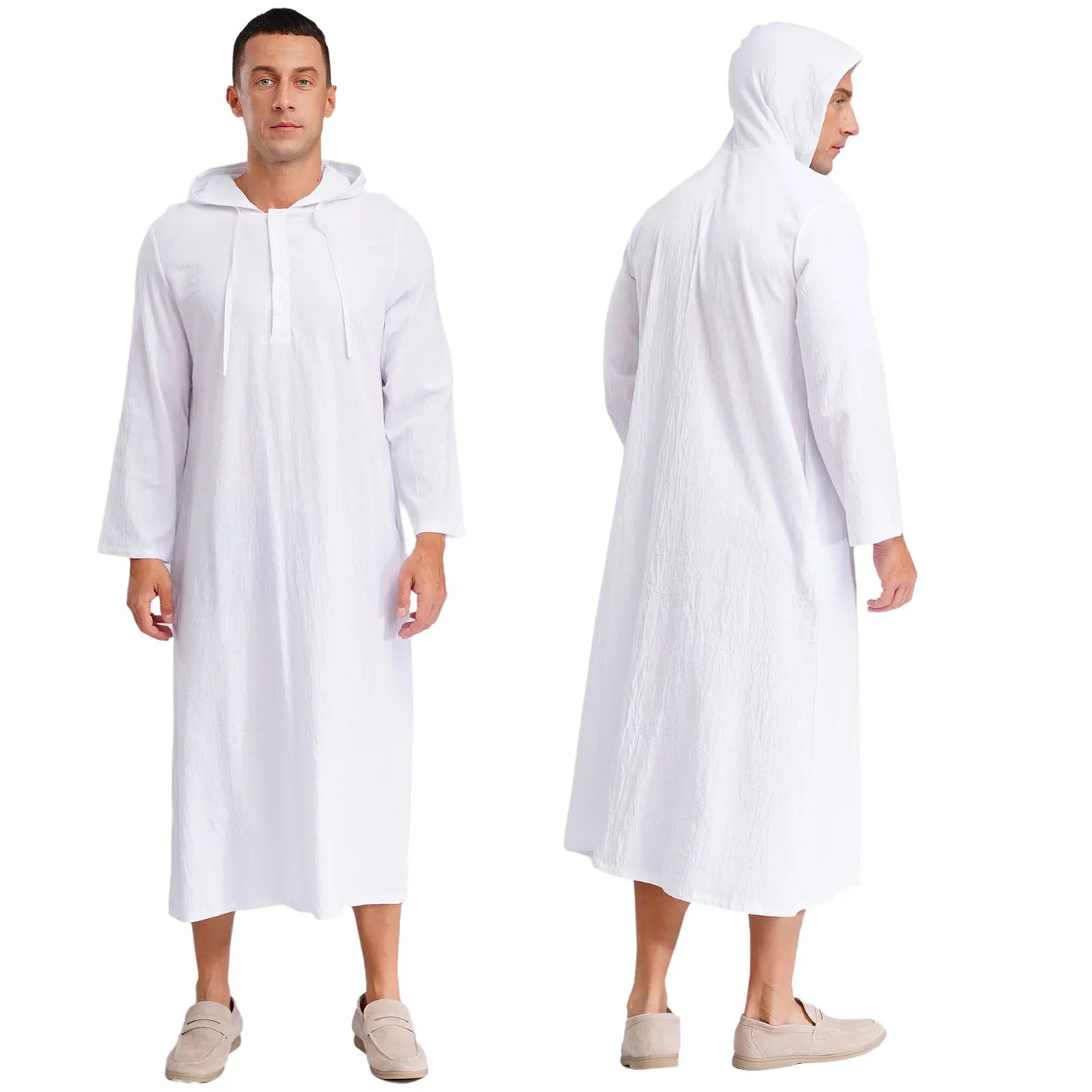 Mens Jubba Thobes Linen Muslim Robe Hooded with Pockets Middle East Islam Arabic Moroccan Kaftan Eid Prayer Long Robe Dress