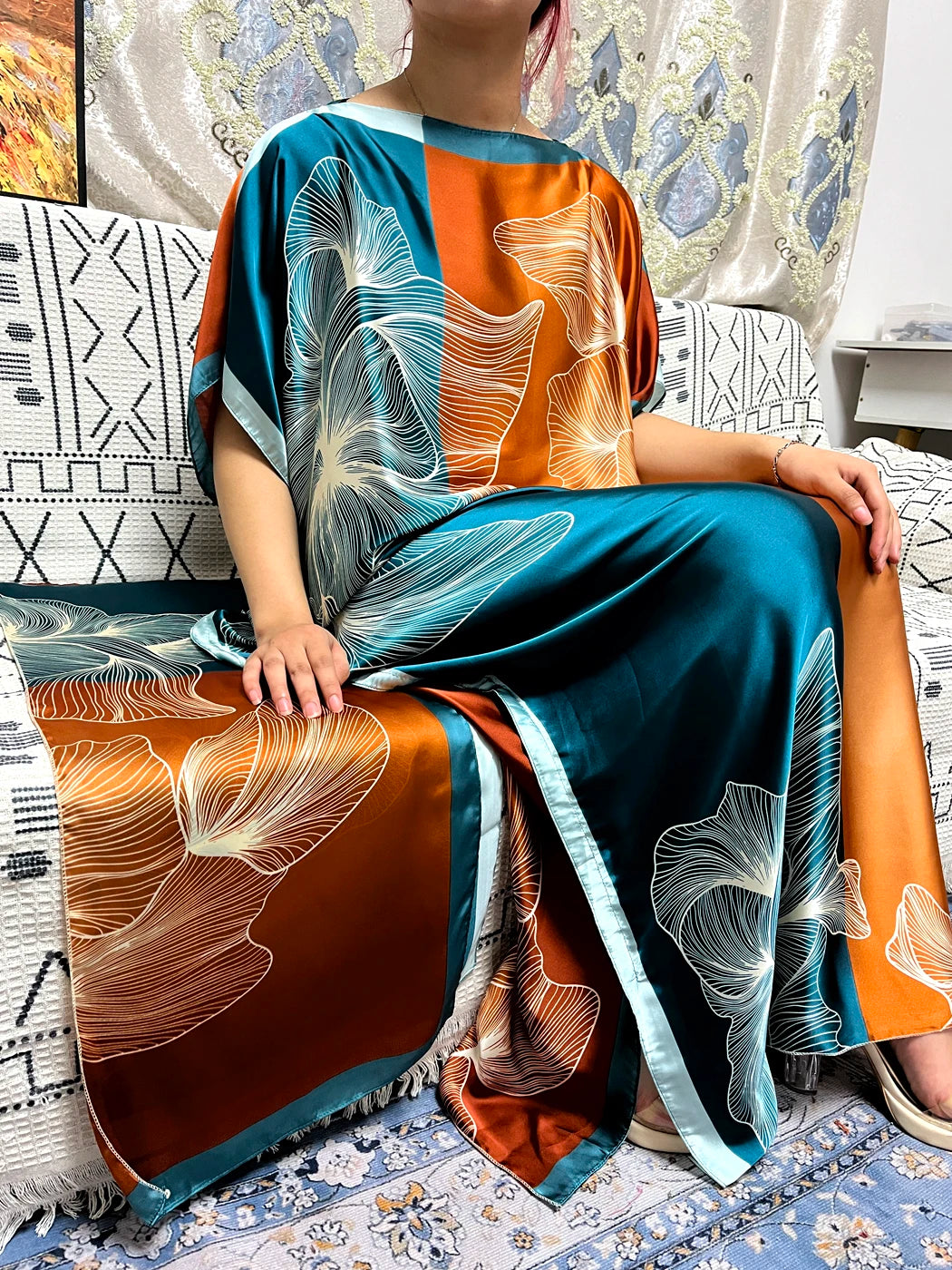 Abayas For Women 2023 Printed Silk Soft Loose Femme Robe Muslim Summer Fashion Clothing African Islam Woman Dresses With Turban