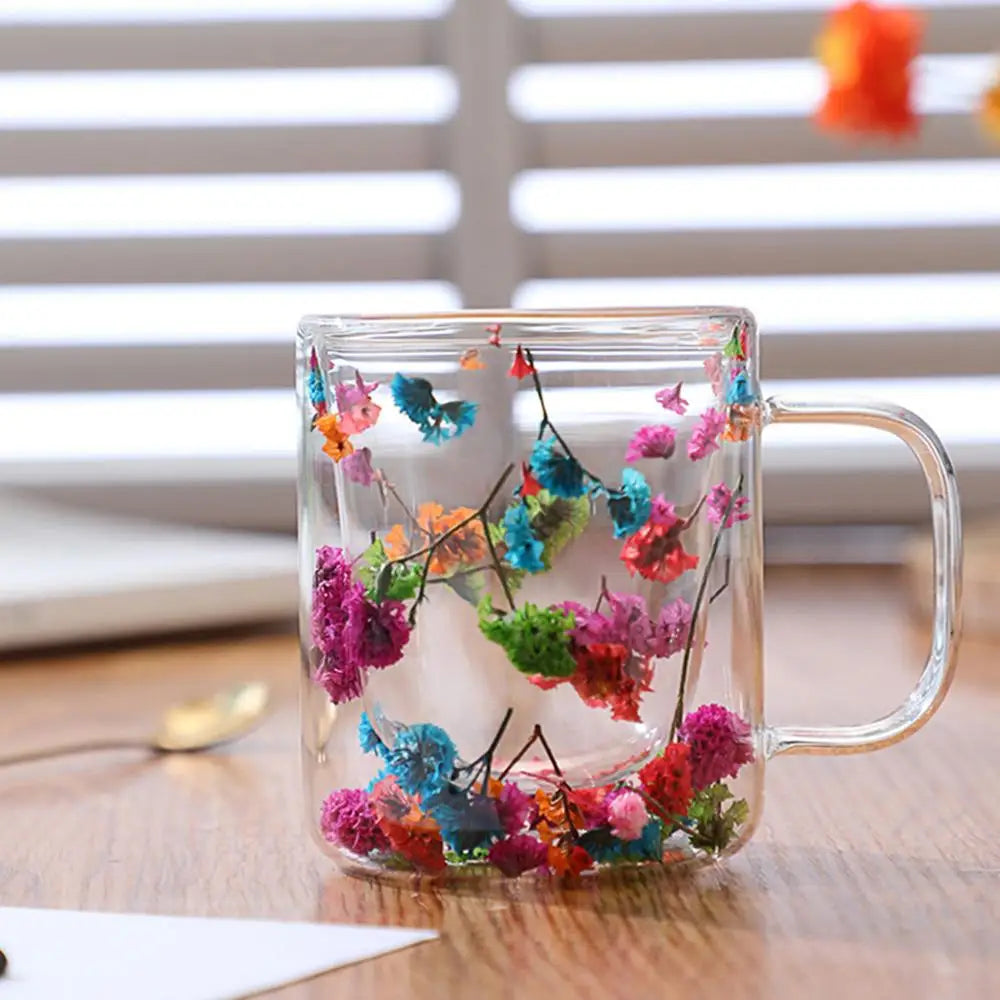 250ml Double Wall Glass Coffee Mug Dried Flowers Heat-Resistant Glasses Cup Flower Glass Mug Flower Decorated Coffee Cup tea cup