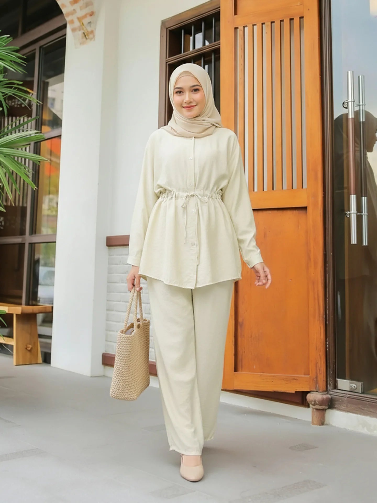 Turn Down Collar Rope Laced 2 Piece Set Women Clothing Wide Leg Pants Ramadan Prayer Dubai Islamic Clothes Turkish Abaya