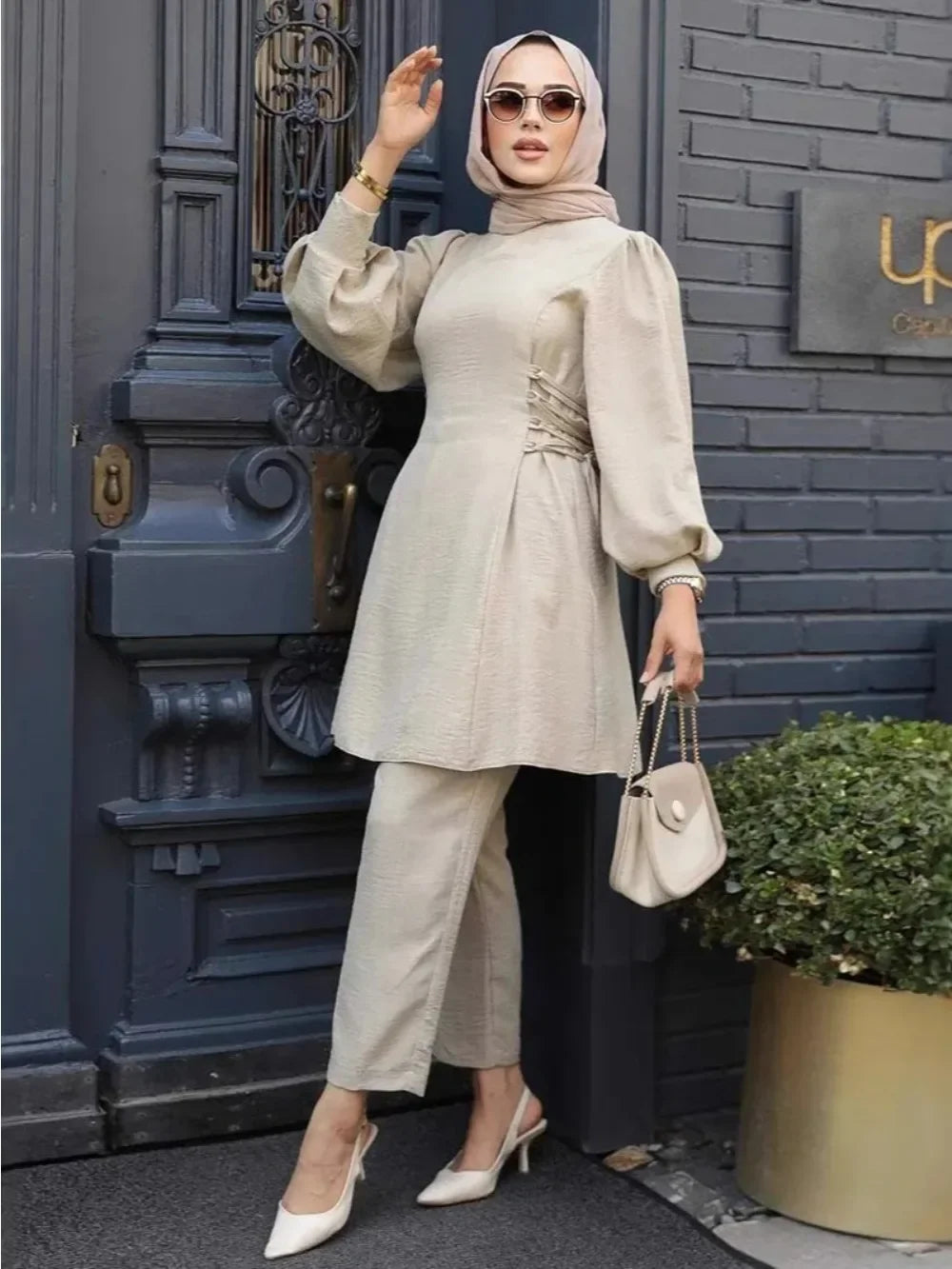 Muslim Women 2 Piece Set Women Lace Up Long Top Shirt Straight Pants Suit Ramadan Morocco Dubai  Ensemble Trousers Arabic Outfit