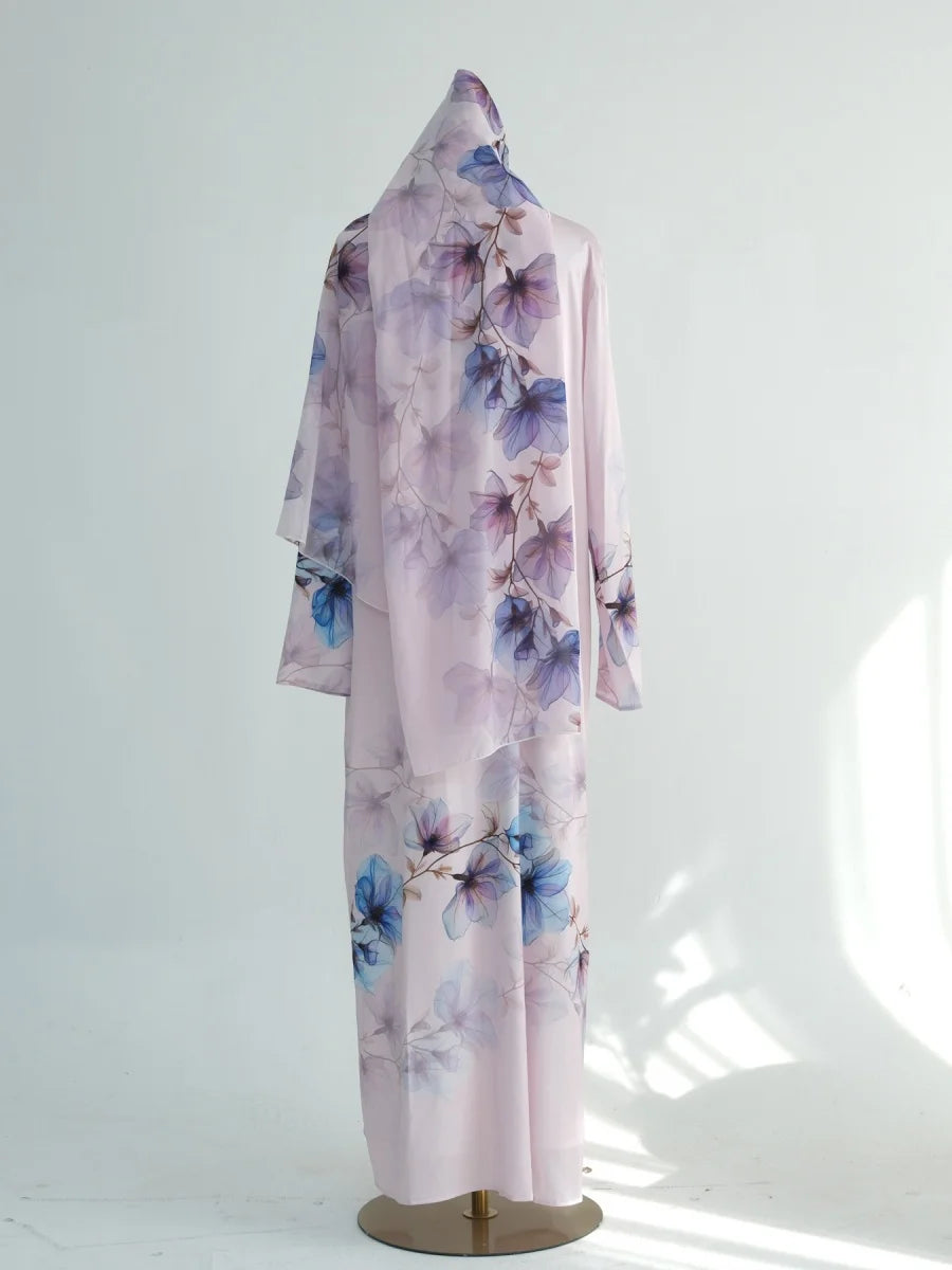 Muslim Women Arabic Dubai Abaya Chiffon Print Kimono Cardigan Long Dress With Hijab Modest Kaftan Robe Femme Islamic Clothing