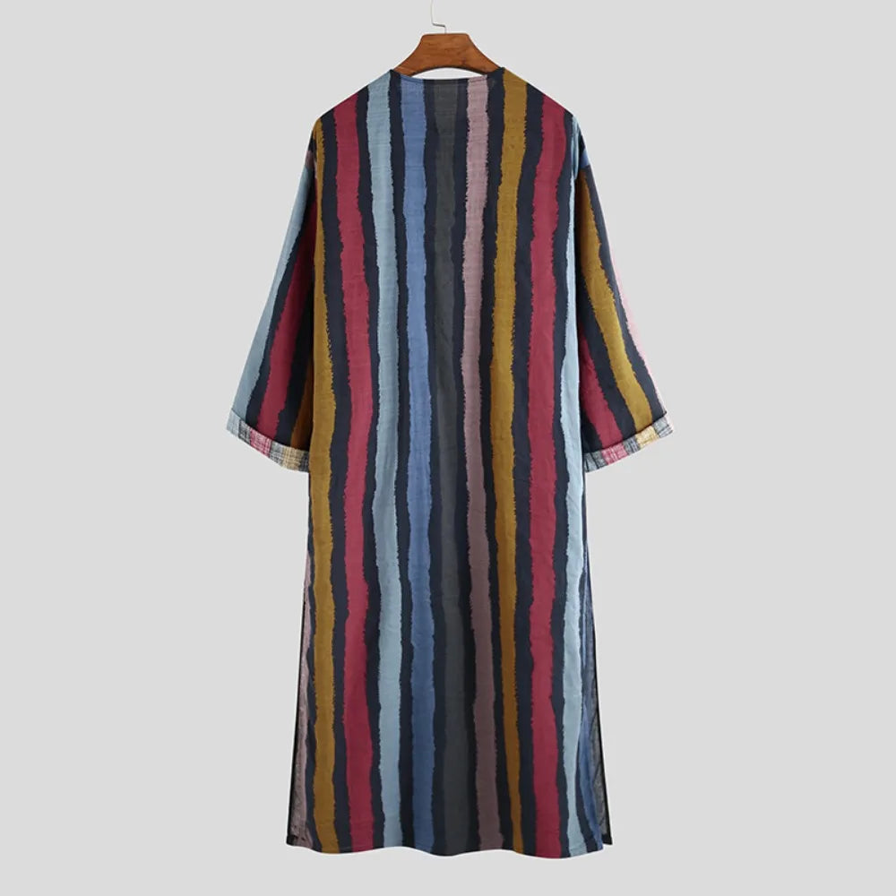 Arab Men's Robe Shirt Long Sleeved Striped Printed T-shirt Muslim Cotton Robe Suitable for Daily Wear and Cultural Activities