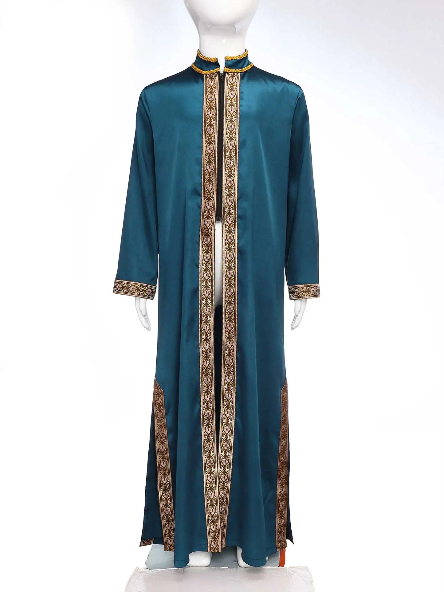 Boys Gold Embroidery Maxi Muslim Thobe Kaftans Arab Gown Islamic Robe Cosplay Long Sleeves Coats Festival Holiday Costume
