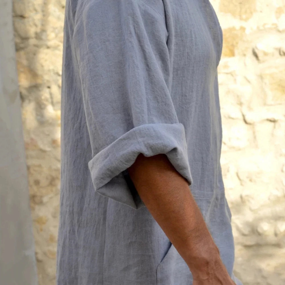 YUFEIDA Men Long Linen Jubba Thobe Kaftan Muslim Arab Islamic V-neck Long Sleeve Solid Cotton Linen Robe Muslim Arabia Man Abaya