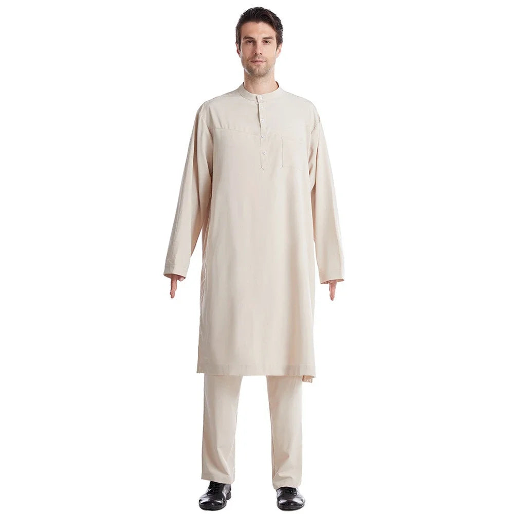 Men Jubba Thobe Muslim Two Pieces Set For Male Pakistan Dubai Saudi Abaya Prayer Islamic Clothing Worship Suit Arabic Ramadan