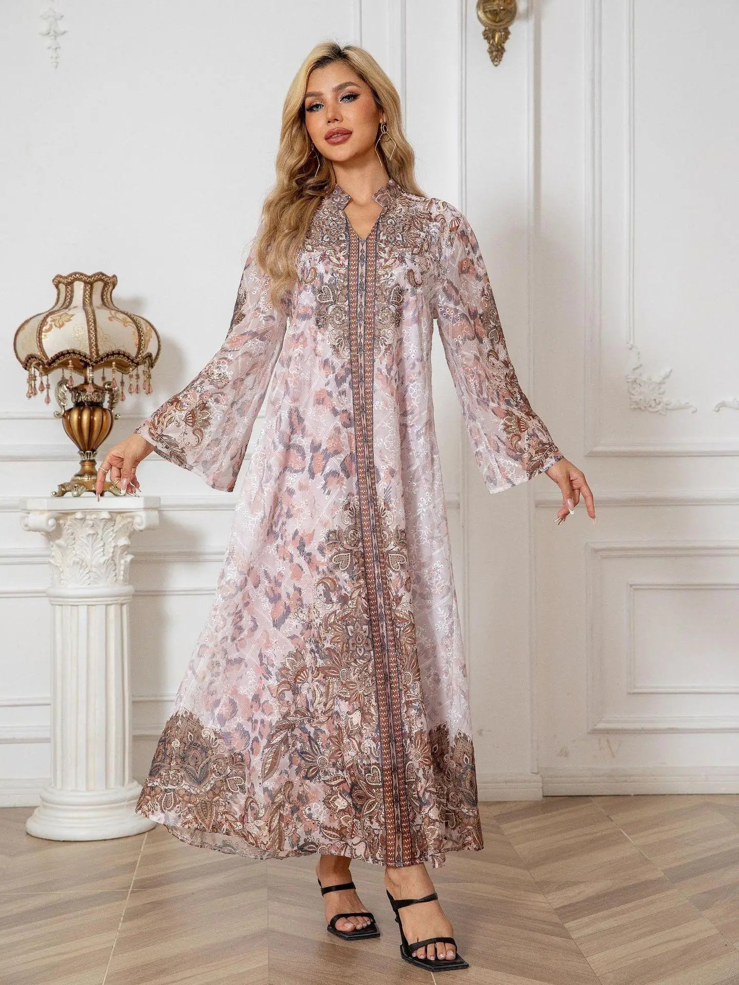Embroidered Rhinestone Abaya Long Sleeve Modest Maxi Abaya Middle East Muslim Traditional Abaya Floral Glam Ramadan Kaftan