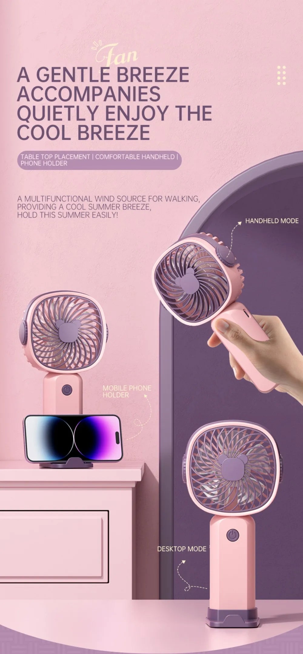 Mini Outdoor Handheld Fan with Desktop Phone Holder 3-speed Adjustable Wind Speed Portable Desktop Fan USB Charging Electric Fan
