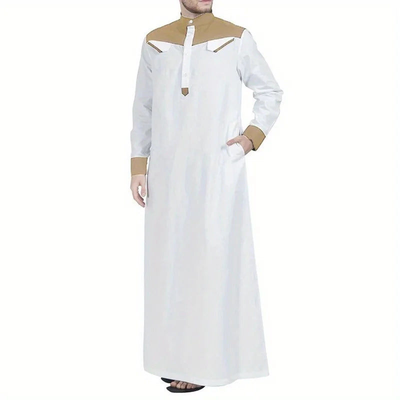 Southeast Asian Muslim Men's Thobe - Color Block Long Sleeve Robe with Mandarin Collar, Traditional Islamic Prayer Dress