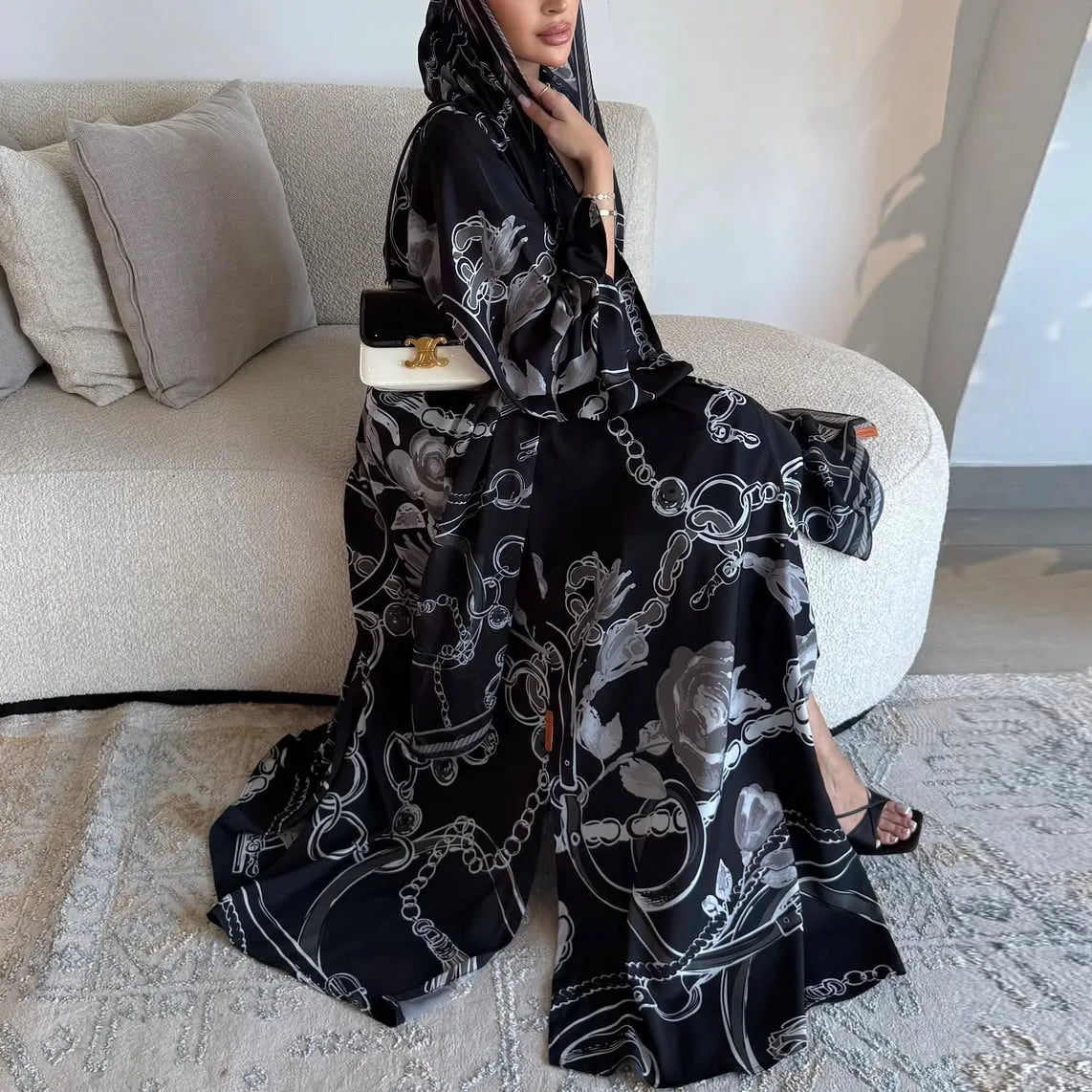 Fashionable Printed Two-Piece Set Large Robe Muslim Middle East Dubai Ethnic Style Outerwear Abaya Open Cardigan Polyester Fa...