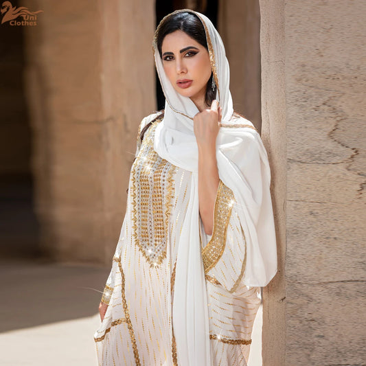 Uni Muslim Women's Gold Sequins Abaya Dress 2025 Bat Sleeve Kaftan Jalabiya for Ramadan Eid Party Islamic Evening Wear
