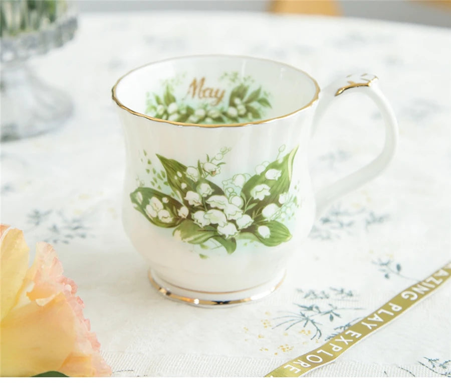 Retro Coffee Mug Ceramic Exquisite Seasonal Flower Printed Couple Cup Bone China Creative Gift Home Drinkware Breakfast Milk Mug