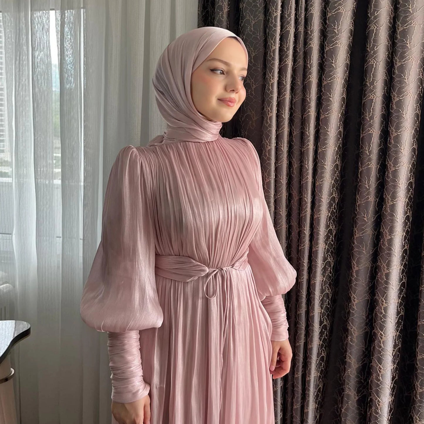 Eid Abaya Modest Muslim Dresses for Women Cuff Sleeves Wrinkle Evening Party Maxi Dress Jalabiya Islamic Clothing Kaftan Robe