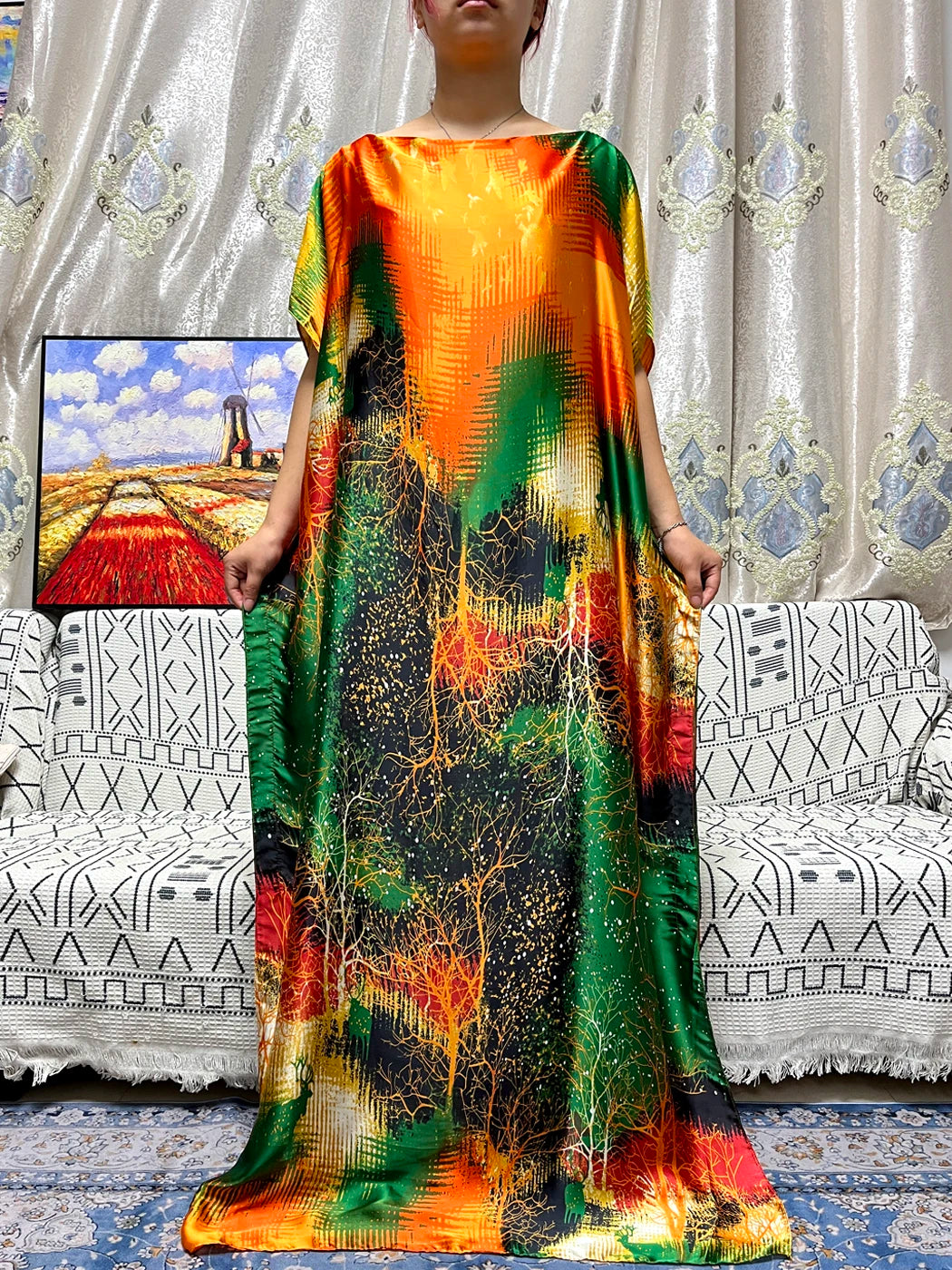 Abayas For Women 2023 Printed Silk Soft Loose Femme Robe Muslim Summer Fashion Clothing African Islam Woman Dresses With Turban