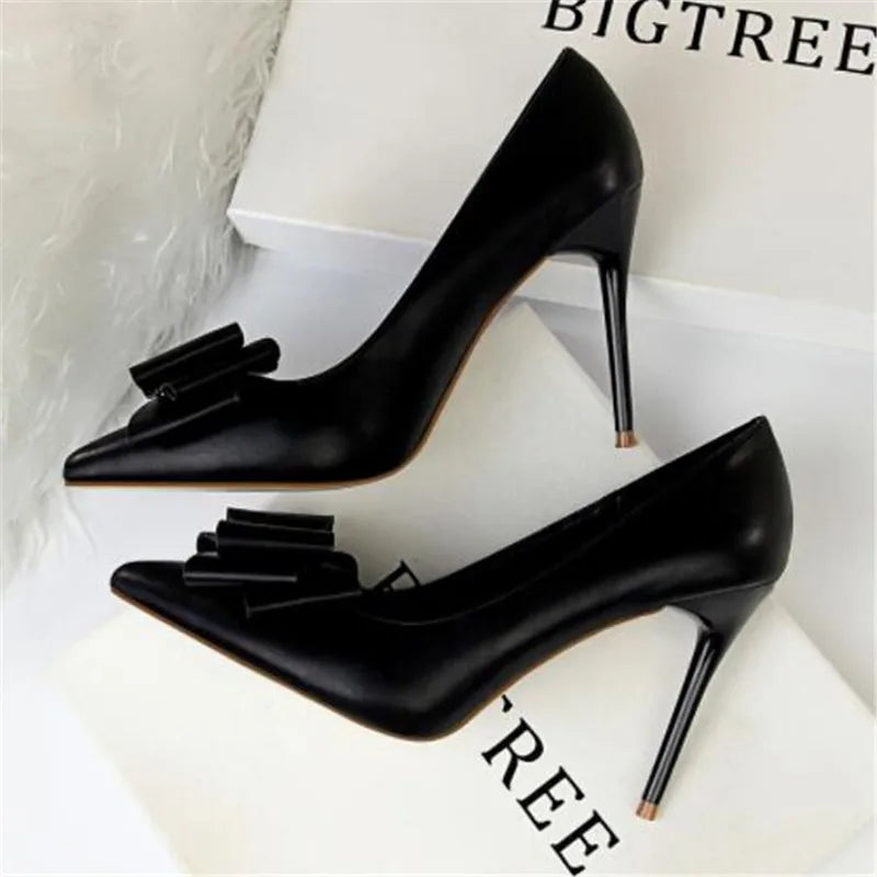 2025 Fashion Delicate Sweet Bowknot High Heel Shoes Side Hollow Pointed Women Pumps Pointed Toe 10.5CM thin Dress Shoes