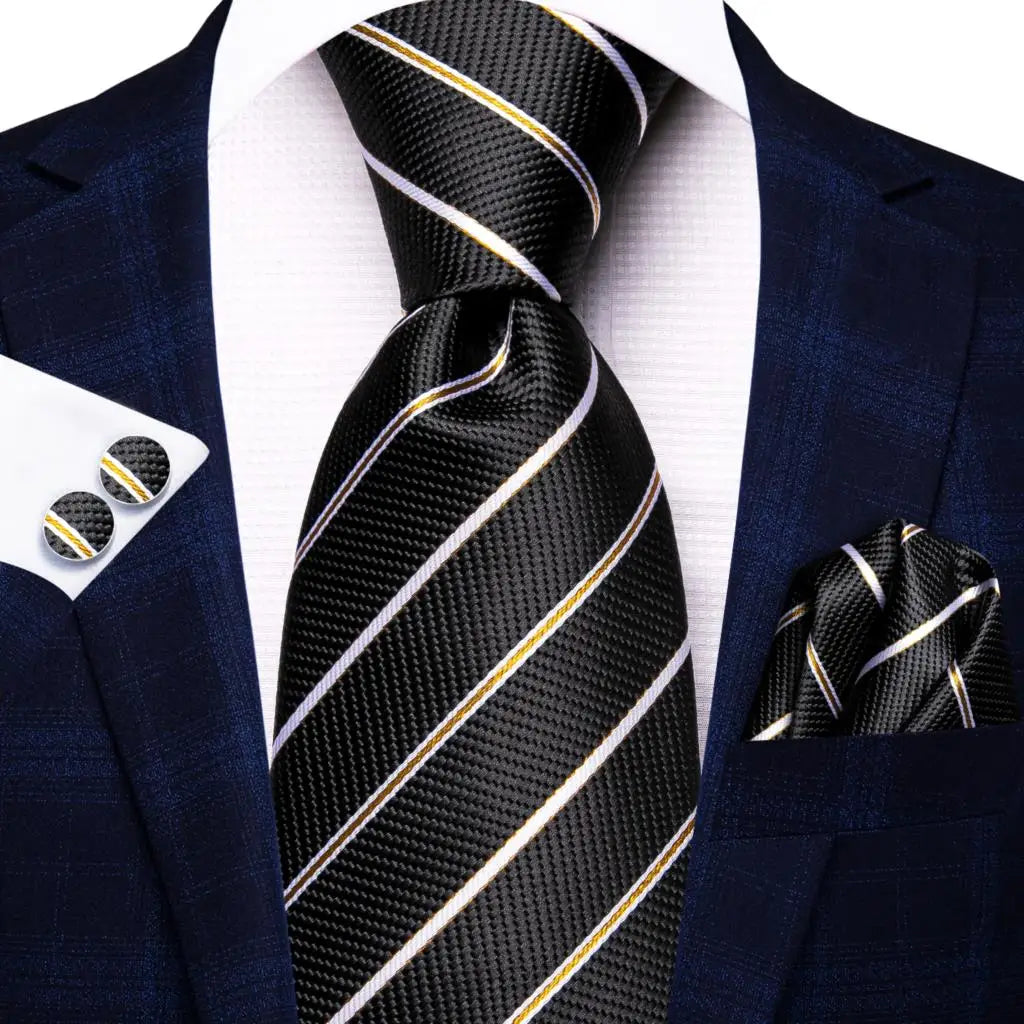 Hi-Tie Men Fashion Striped Navy Blue Necktie Handkerchief Cufflinks for Tuxedo Accessory Classic Silk Luxury Tie for Man Gift