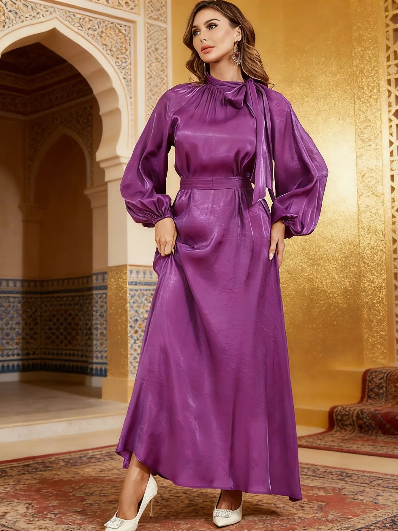 Elegant Tie Neck Abaya Belted Lantern Sleeve Maxi Dress Women Muslim Moroccan Kaftan Ramadan Jalabiya Islam Dubai Arabic Robes